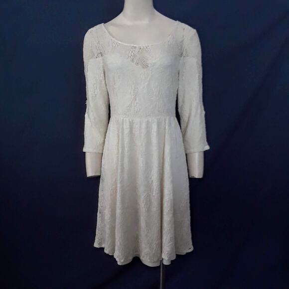 FREE PEOPLE Cream Lace Dress Stretchy Lined SZ S Babydoll Sweetheart Long Sleeve - Picture 1 of 9